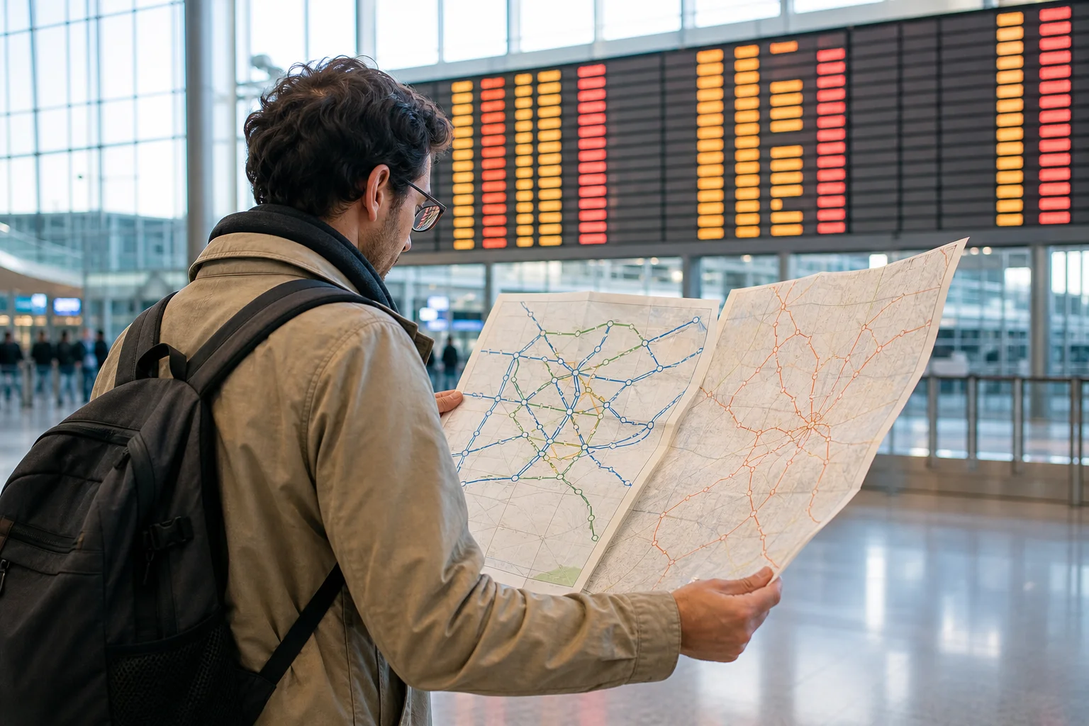 터키 자유여행 일정: 이동 수단별 소요 시간과 환승 조건 비교 2 공항 출발 안내판 앞에서 철도와 버스 노선도를 펼쳐 보는 여행자