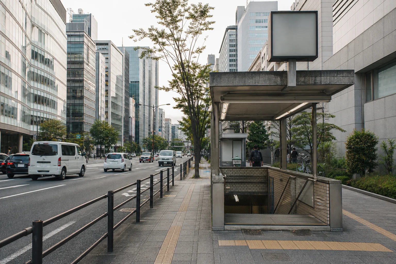 오사카렌트카가 필요한 여행은? 시내 이동·근교 운전 선택 기준 2 오사카 도심 도로와 지하철역 입구가 함께 보이는 거리