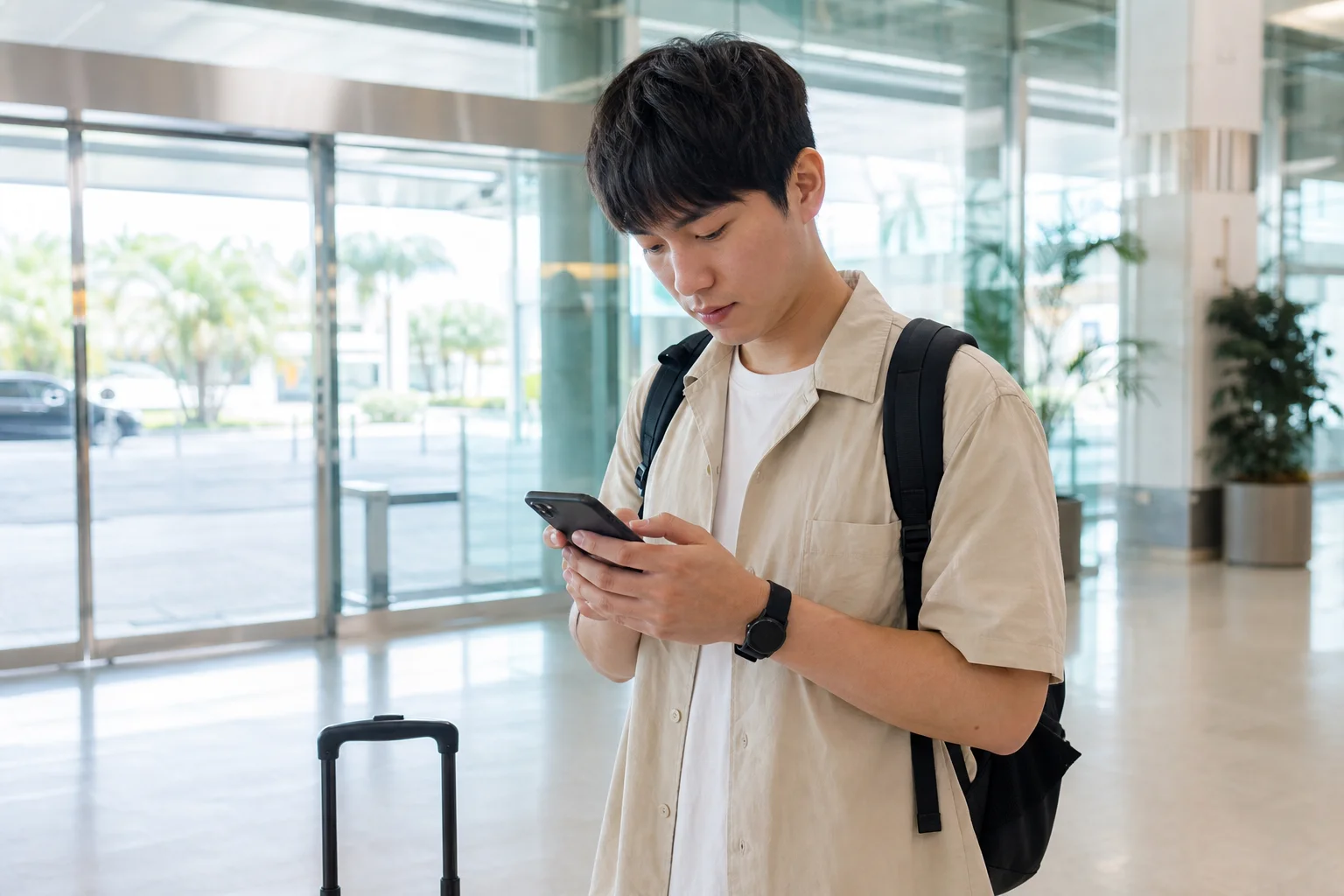 오키나와유심 선택법: 나하·북부 여행 이동에 맞춘 데이터 준비 2 나하 공항 도착층에서 스마트폰의 모바일 데이터 설정 화면을 확인하는 여행자