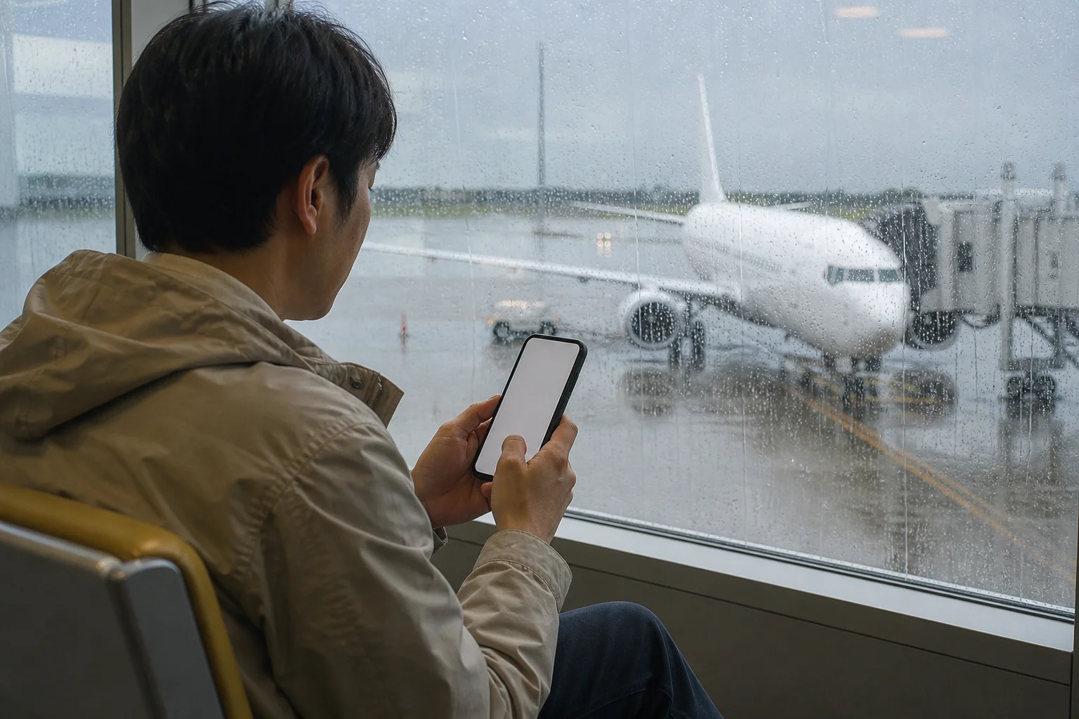 비가 내리는 오키나와 공항 창가에서 스마트폰의 날씨와 항공편 정보를 확인하는 장면