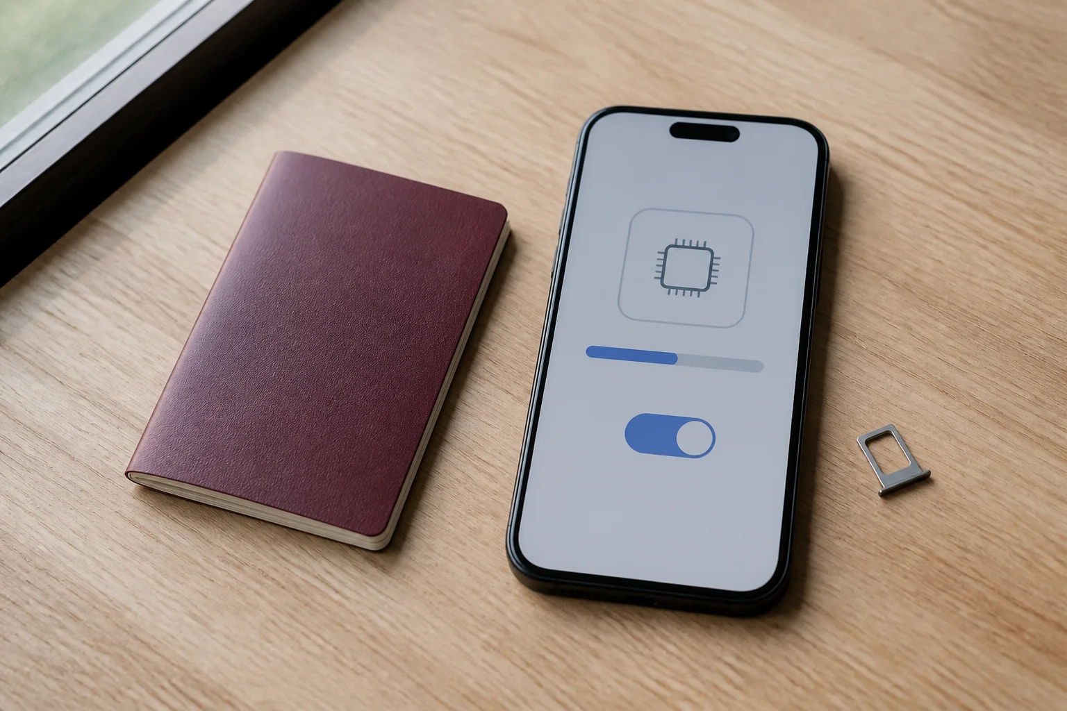 코타키나발루 유심 선택 기준: 여행 전 개통·수령·데이터 확인법 2 여권 옆에 놓인 스마트폰과 SIM 카드 트레이, eSIM 설정 화면