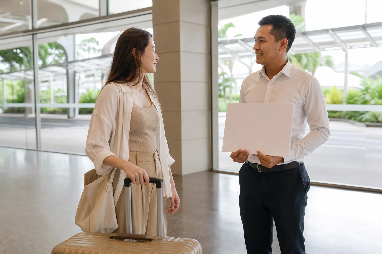 푸켓 공항 도착장에서 여행 가방을 든 승객과 이름표를 든 운전기사가 만나는 장면