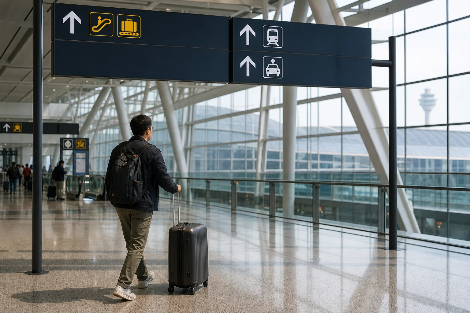 상하이공항픽업 선택 기준: 공항과 숙소 위치별 이동 판단법 2 푸둥공항 도착층의 터미널 표지판과 여행가방을 든 승객