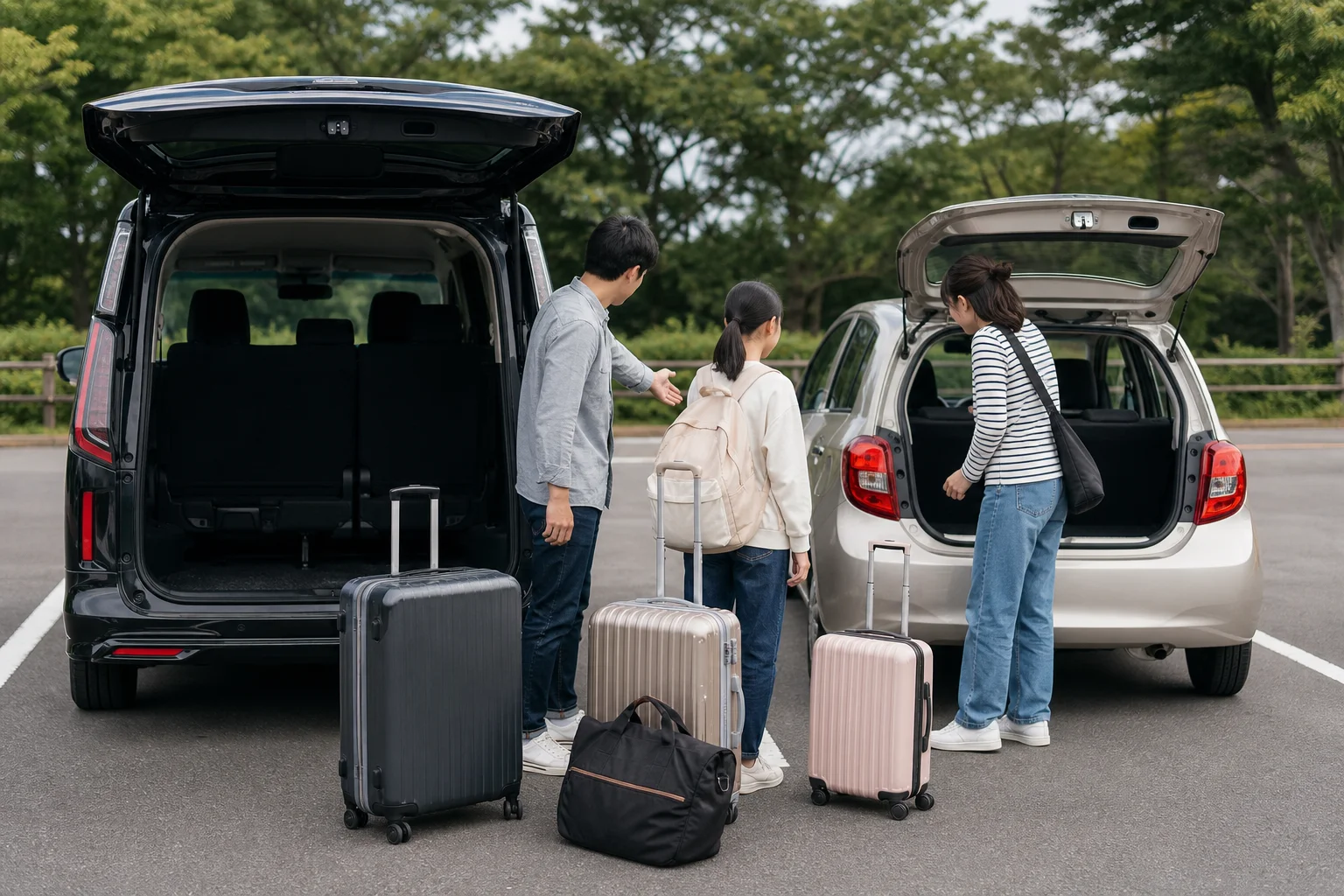 시즈오카렌트카 여행, 가족·혼자·커플별 이동 선택 기준 2 여행 가방 옆에서 가족용 차량과 소형 차량의 적재 공간을 비교하는 여행자들