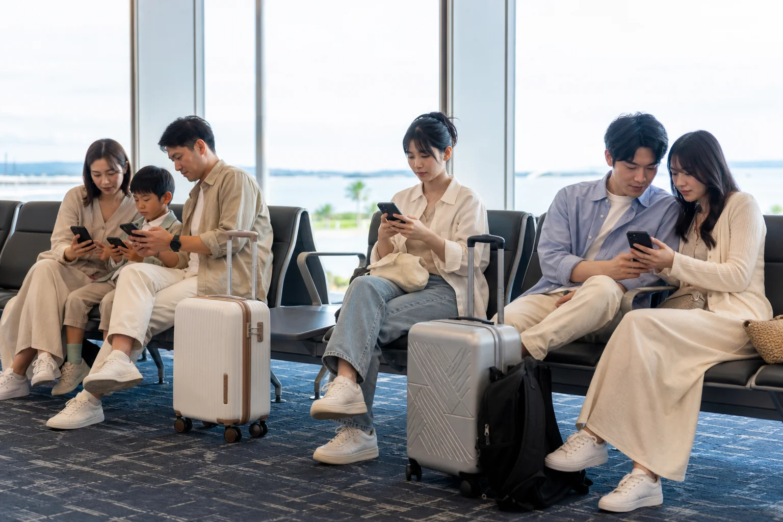공항 대기 공간에서 가족 여행자와 혼자 온 여행자, 커플이 각자의 휴대전화를 확인하는 모습