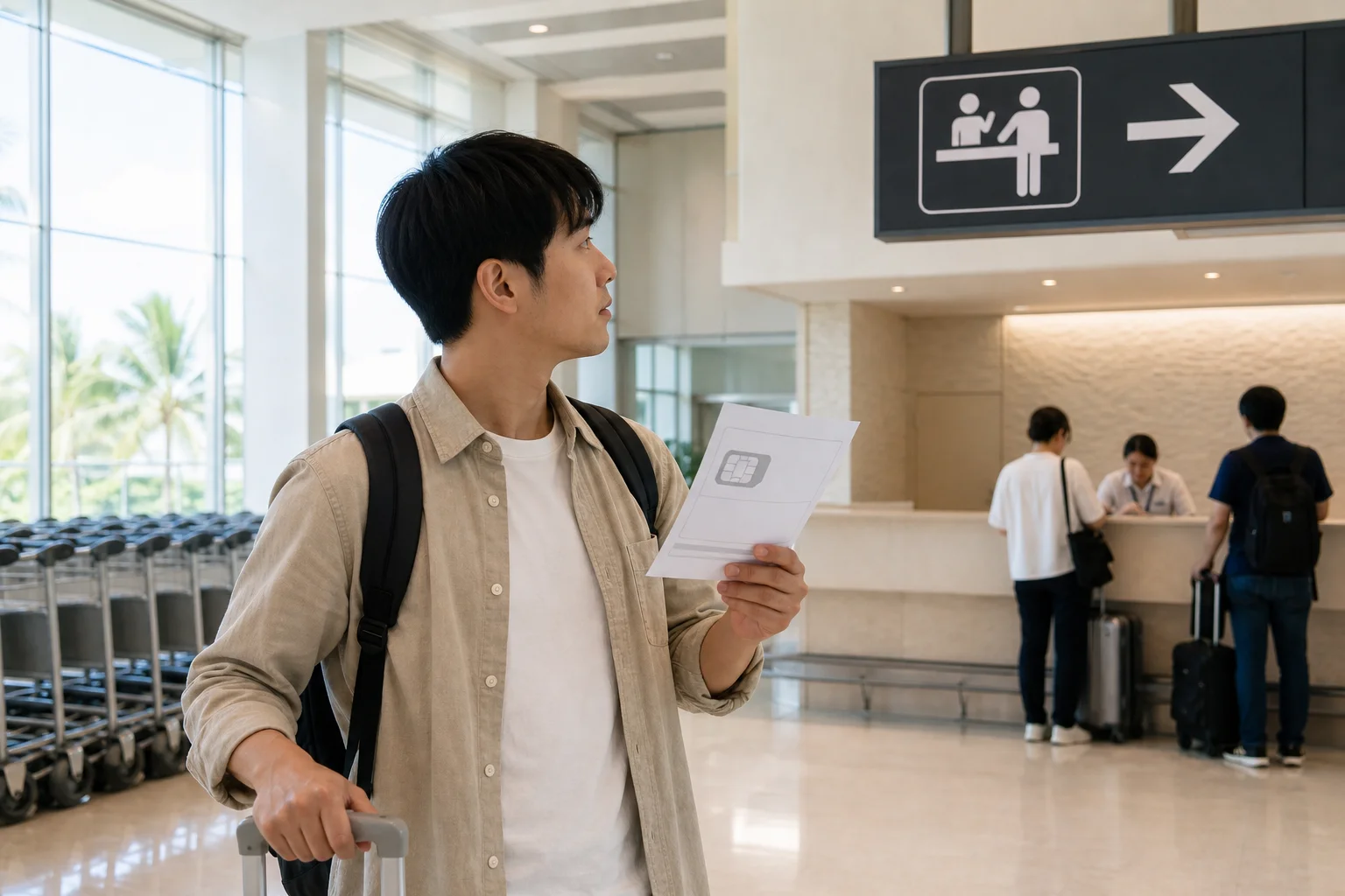 오키나와유심 여행 예약·입장 조건과 공항 현장 확인 순서 2 공항 도착층에서 유심 예약 확인서와 수령 창구 안내판을 함께 확인하는 여행자