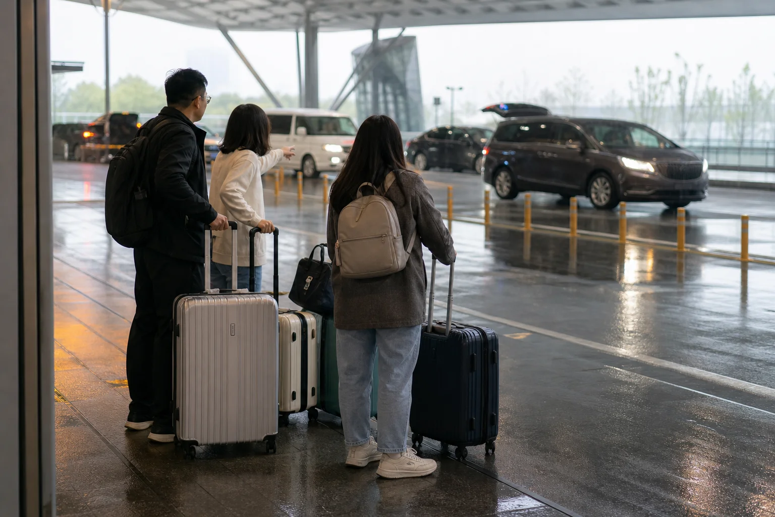 비 오는 날 상하이 공항 도착층에서 여행객들이 여행가방과 함께 차량 승차 구역을 확인하는 모습