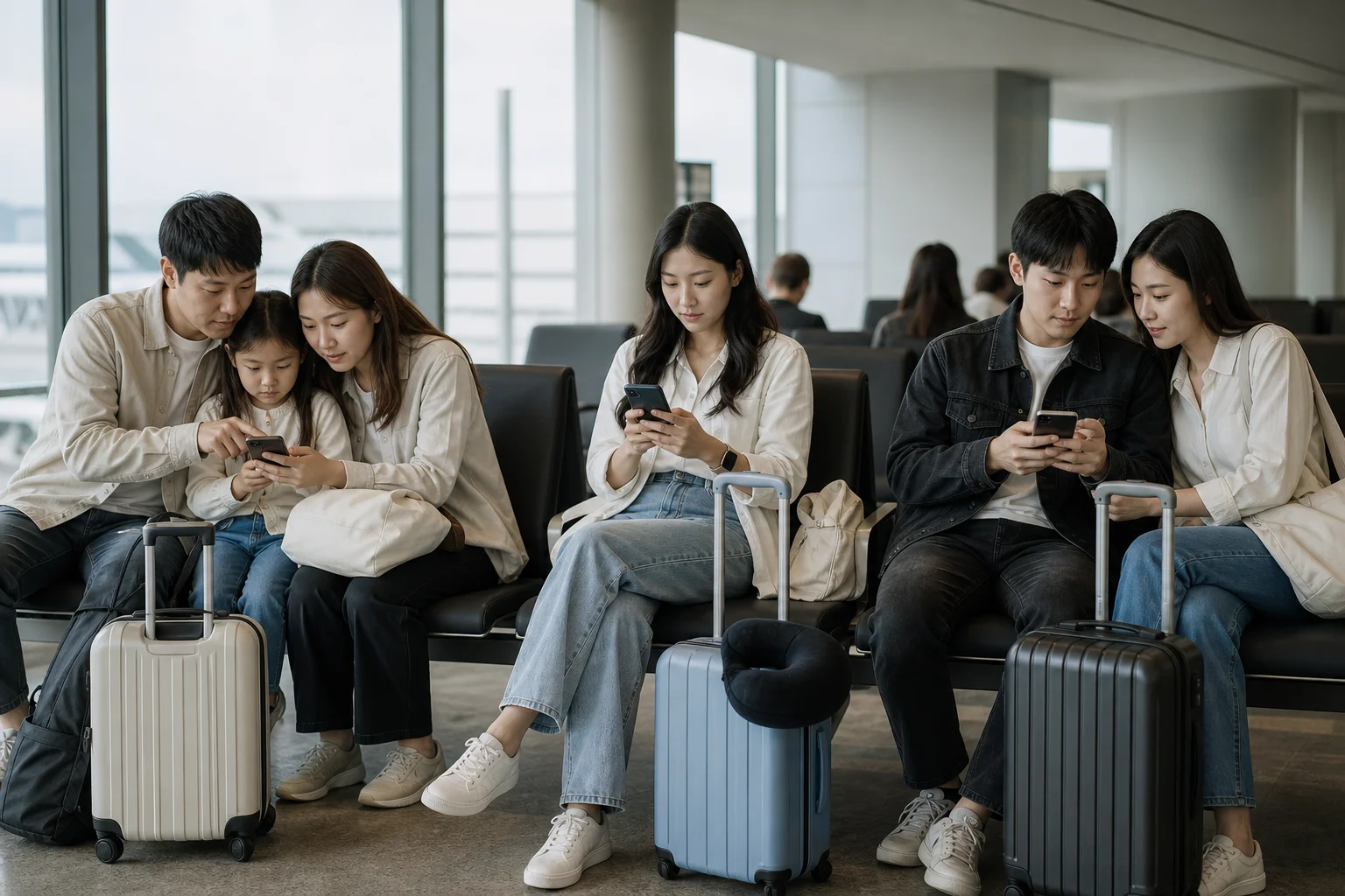공항 출발 대합실에서 가족과 혼자 여행자, 커플이 각자의 스마트폰 설정 화면을 확인하는 장면