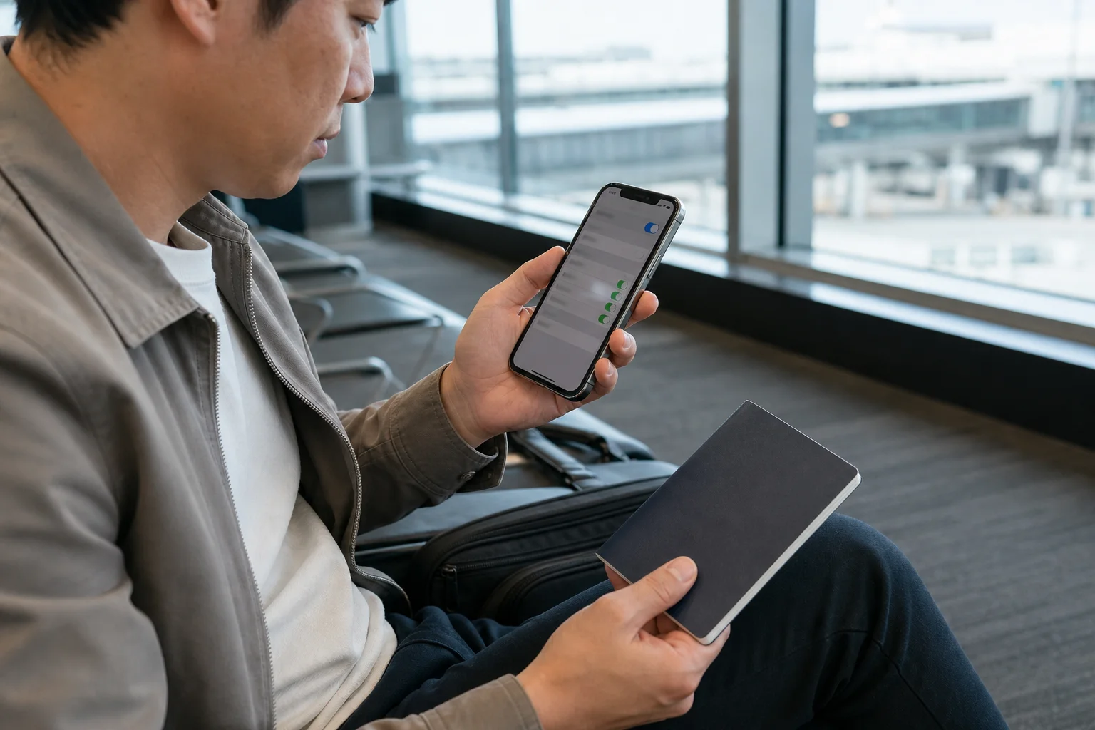 중국 상하이 유심 선택 기준: 여행 전 개통·수령·데이터 확인법 2 공항 출국장 좌석에서 휴대전화의 eSIM 설정 화면과 여권을 함께 확인하는 여행자