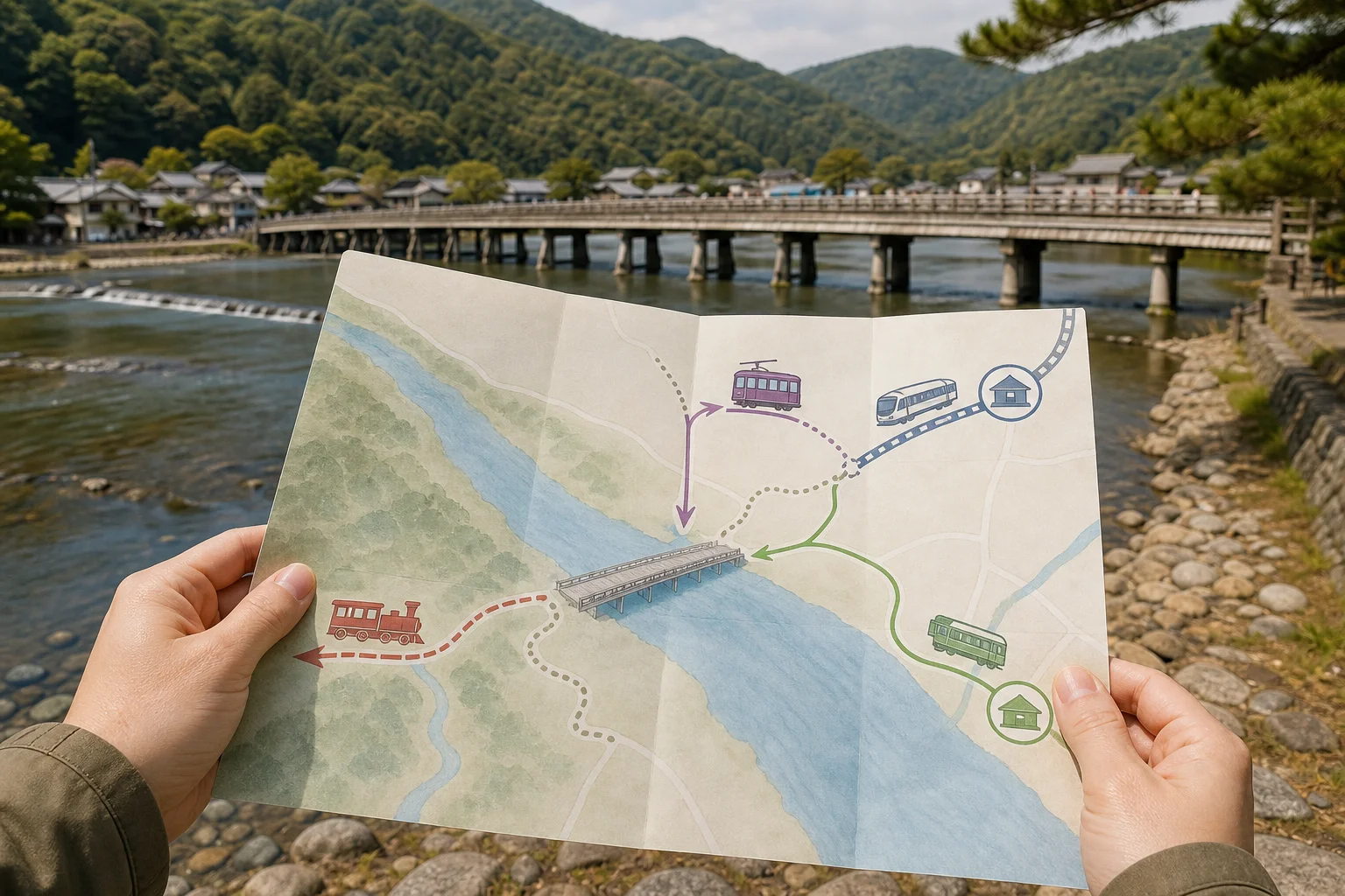 아라시야마 철도역과 도게쓰교 주변 이동 방향을 표시한 교통 지도