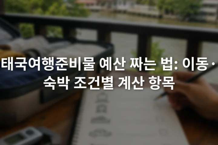 여행 가방 옆 노트에 항공 수하물과 현지 이동 예산 항목을 적는 장면