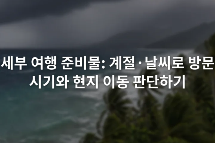 짙은 구름 아래 세부 해안과 바람에 흔들리는 야자수, 파도가 이는 바다