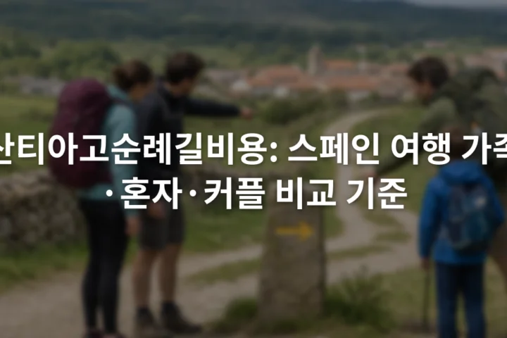 노란 화살표가 표시된 순례길 표지 앞에서 배낭을 멘 혼자 여행자와 커플, 가족이 길을 확인하는 장면