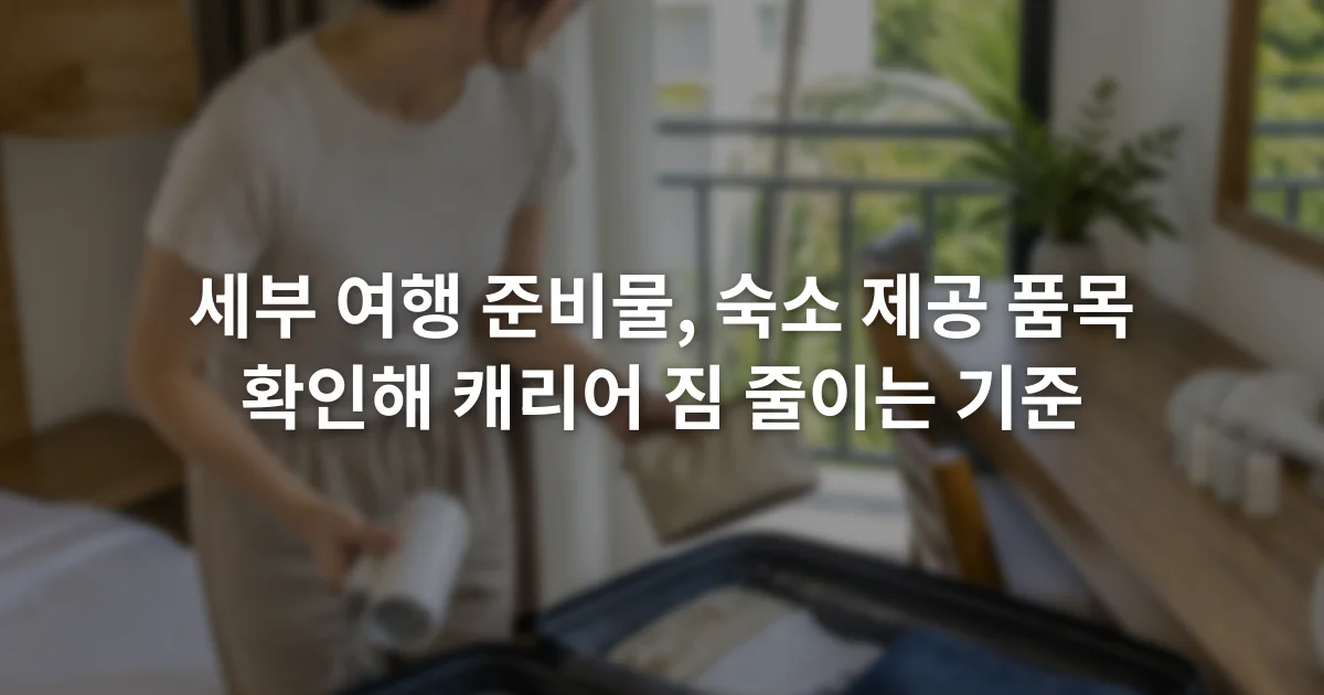 세부 숙소 객실 책상 위 헤어드라이어와 세면용품을 확인하며 열린 캐리어에서 중복 물건을 빼는 장면