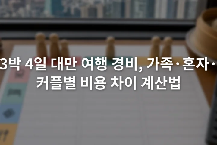 가족 혼자 커플로 구분된 교통 숙박 입장 식사 예산표와 계산기가 놓인 책상