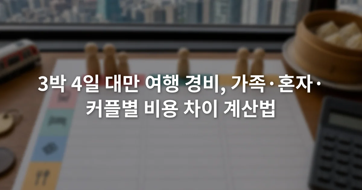 가족 혼자 커플로 구분된 교통 숙박 입장 식사 예산표와 계산기가 놓인 책상