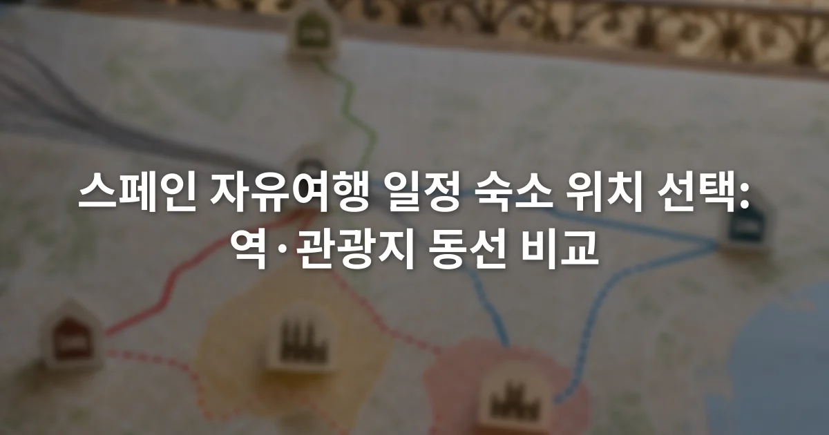 스페인 도시 지도 위에 철도역과 관광 구역, 숙소 후보 위치가 표시된 장면