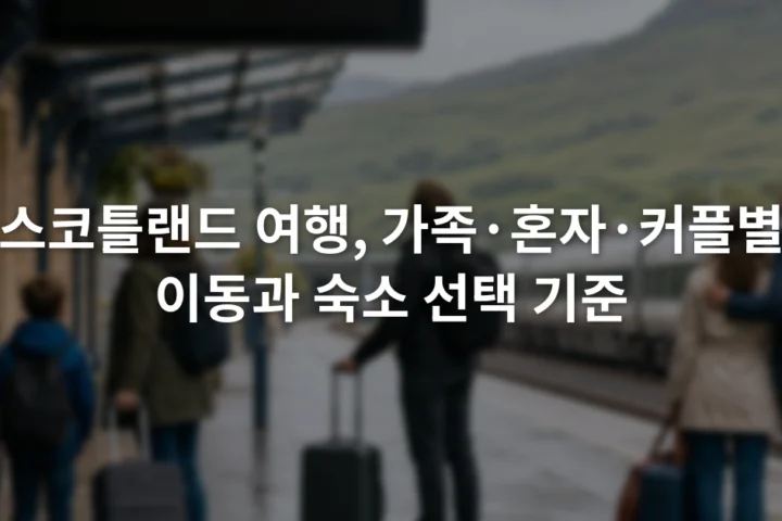 스코틀랜드 기차역 승강장에서 짐을 든 가족과 혼자 온 여행자, 커플이 열차 안내판을 바라보는 장면