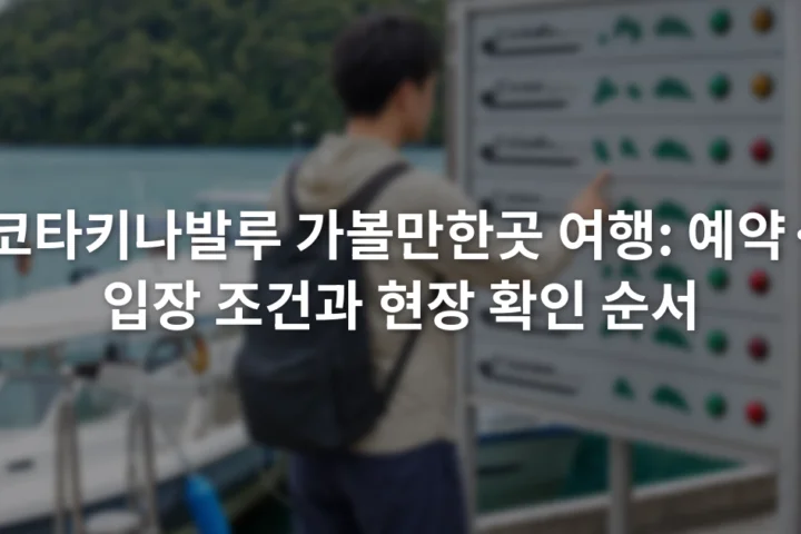 선착장 안내판 앞에서 보트 운항 정보를 확인하는 여행자