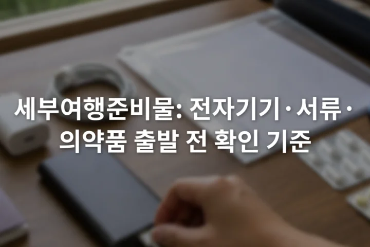 여권과 충전기, 보조배터리, 라벨이 붙은 의약품을 책상 위에서 확인하는 장면