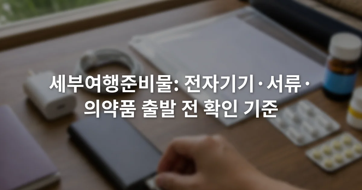 여권과 충전기, 보조배터리, 라벨이 붙은 의약품을 책상 위에서 확인하는 장면