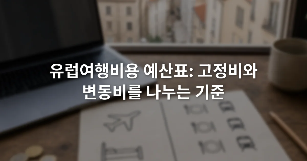 노트북 옆 종이에 항공과 숙박, 식사 비용을 고정비와 변동비로 나눈 예산표