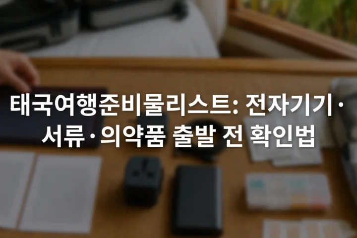 여권 사본과 충전기, 보조배터리, 약 봉투를 세 구역으로 나누어 점검하는 장면