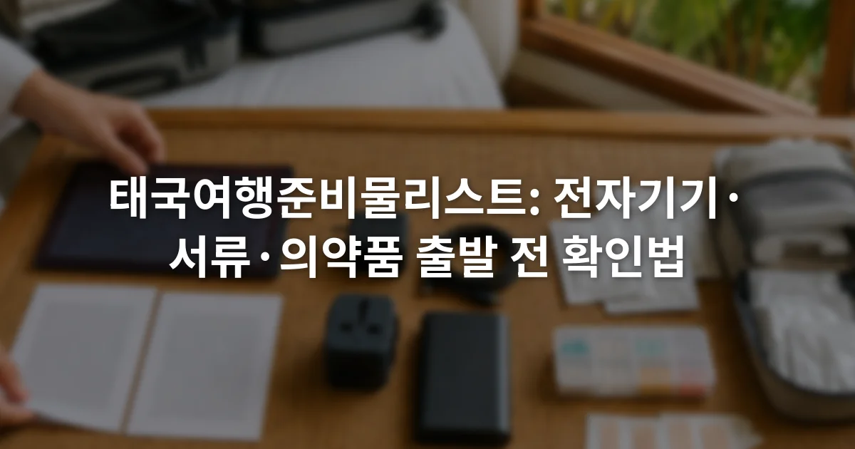 여권 사본과 충전기, 보조배터리, 약 봉투를 세 구역으로 나누어 점검하는 장면