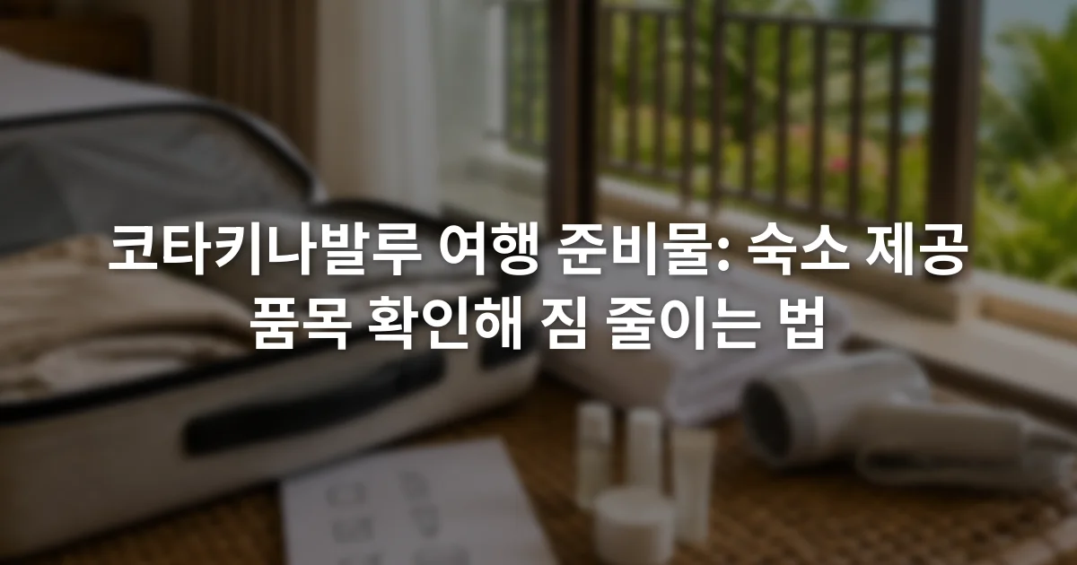 여행 가방 옆에 수건과 헤어드라이어, 세면용품 확인표가 놓인 장면