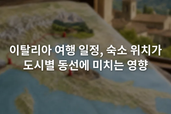 기차역과 구시가지, 돌로미티 계곡 숙소를 이동선으로 연결한 이탈리아 지도