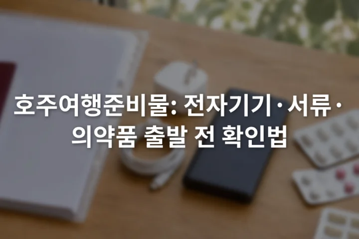 여권과 충전기, 보조배터리, 라벨이 붙은 의약품을 세 구역으로 나눈 여행 준비 테이블