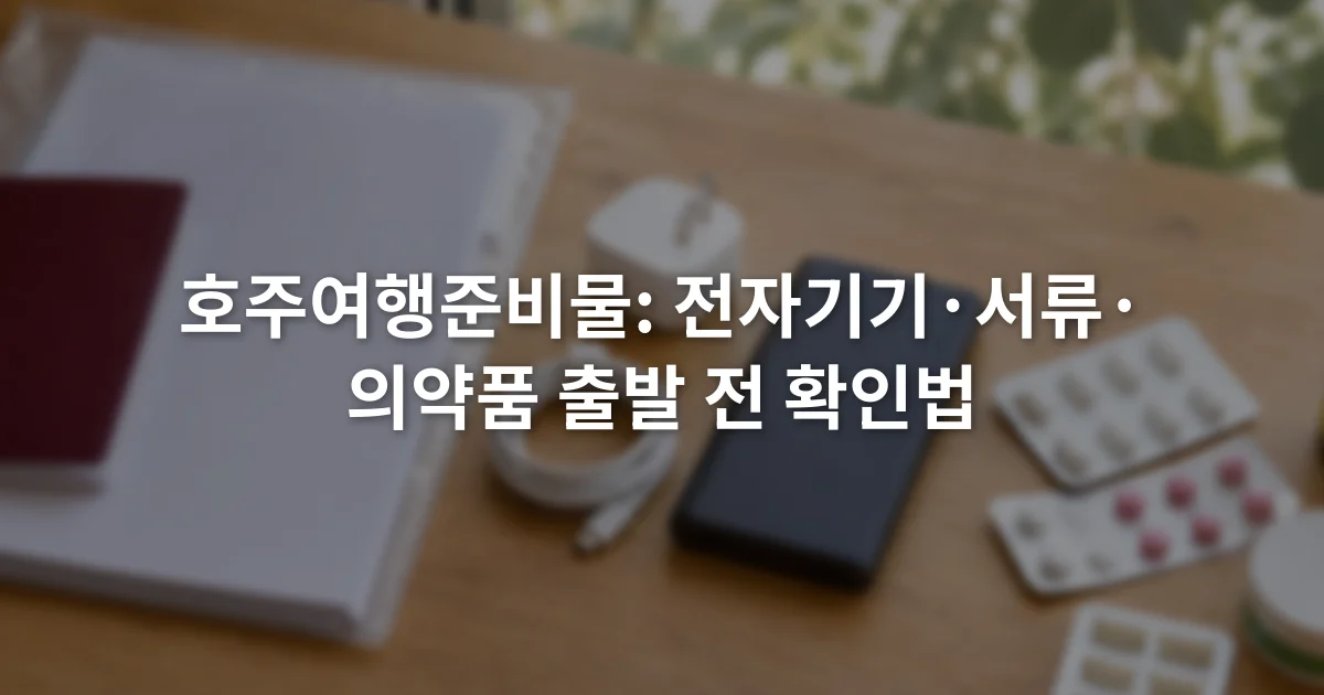 여권과 충전기, 보조배터리, 라벨이 붙은 의약품을 세 구역으로 나눈 여행 준비 테이블