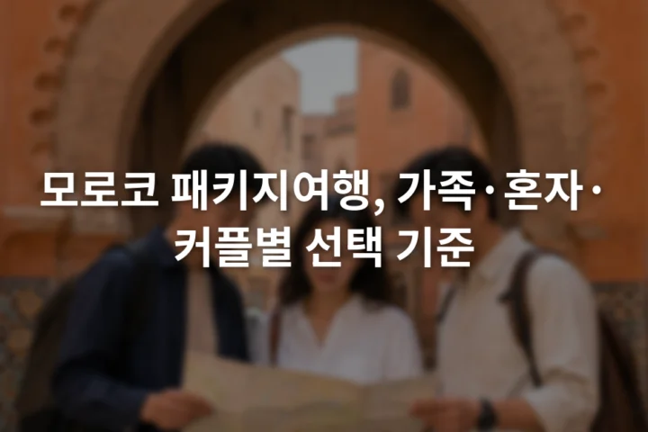 모로코 구시가지 입구에서 종이 지도를 함께 살펴보는 성인 여행자 세 명