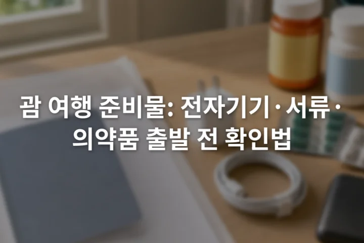 여권 사본과 충전기, 보조배터리, 라벨이 붙은 의약품을 책상 위에서 확인하는 장면