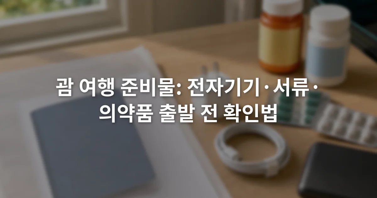여권 사본과 충전기, 보조배터리, 라벨이 붙은 의약품을 책상 위에서 확인하는 장면