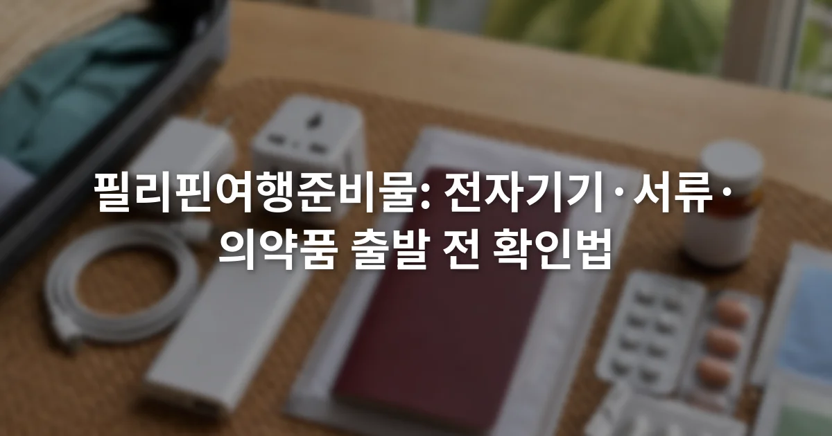 여권과 충전기, 보조배터리, 라벨이 붙은 의약품을 세 구역으로 나누어 놓은 여행 준비 장면