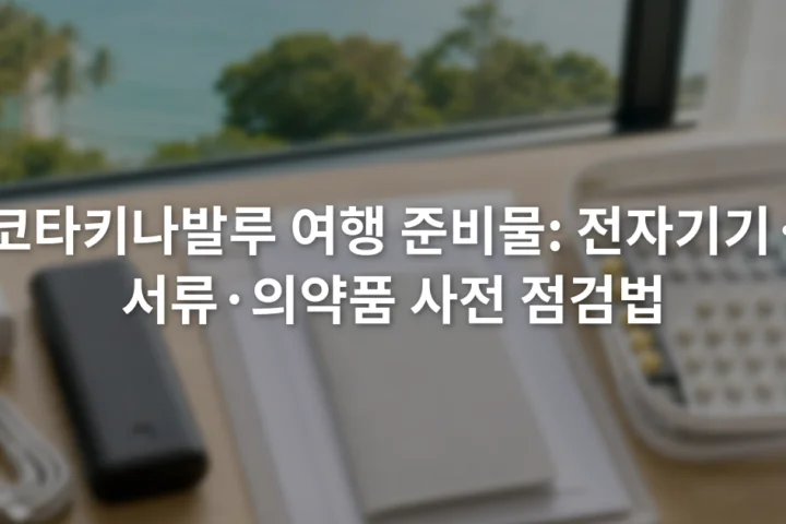 테이블 위에 충전기와 케이블, 여행 확인서, 라벨이 붙은 의약품을 세 구역으로 나눠 놓은 모습