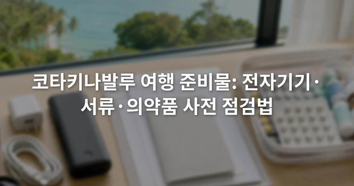 테이블 위에 충전기와 케이블, 여행 확인서, 라벨이 붙은 의약품을 세 구역으로 나눠 놓은 모습