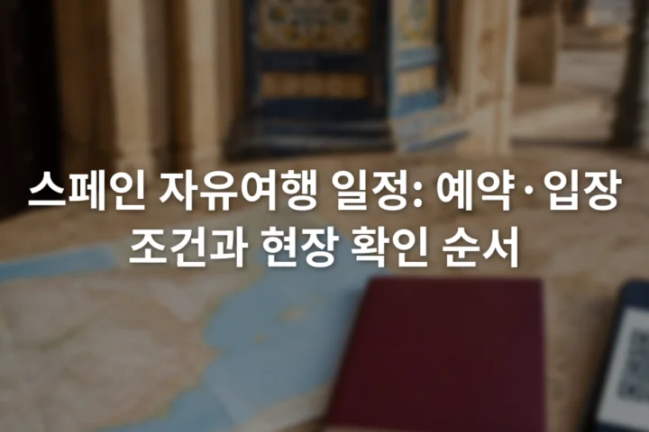 스마트폰 전자 입장권 옆에 여권과 스페인 도시 지도가 놓인 모습