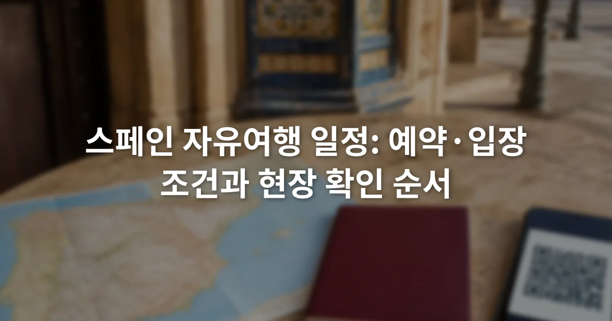 스마트폰 전자 입장권 옆에 여권과 스페인 도시 지도가 놓인 모습