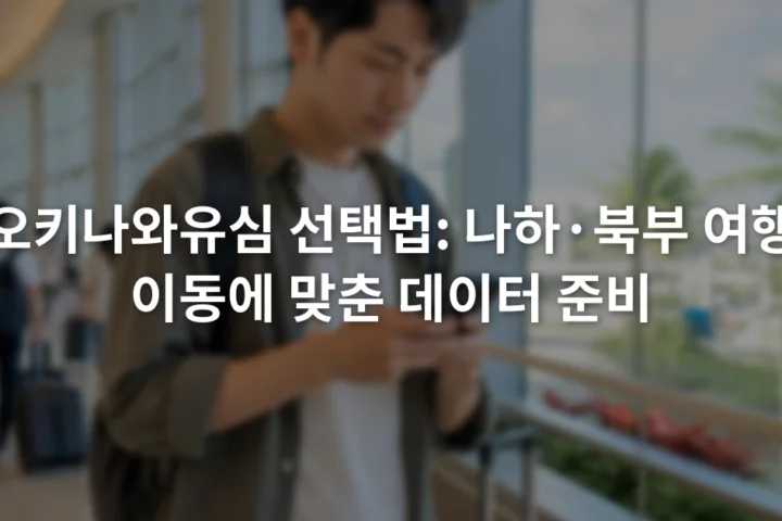 나하 공항 도착층에서 스마트폰의 모바일 데이터 설정 화면을 확인하는 여행자