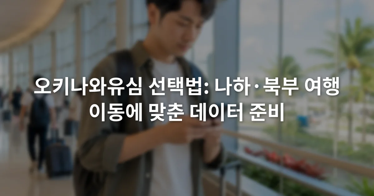 나하 공항 도착층에서 스마트폰의 모바일 데이터 설정 화면을 확인하는 여행자