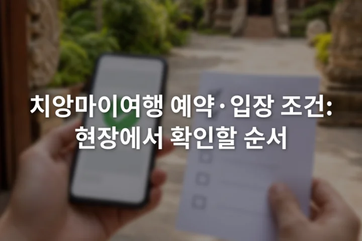 휴대전화의 예약 확인 화면과 종이 체크리스트를 함께 살피는 여행자 손