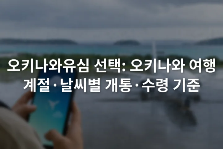 비가 내리는 오키나와 공항 창가에서 스마트폰의 날씨와 항공편 정보를 확인하는 장면