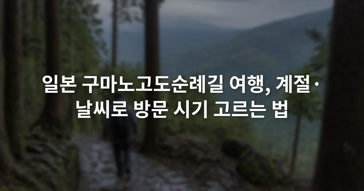 비에 젖은 돌길 옆 삼나무 숲을 걷는 순례자와 흐린 산 능선
