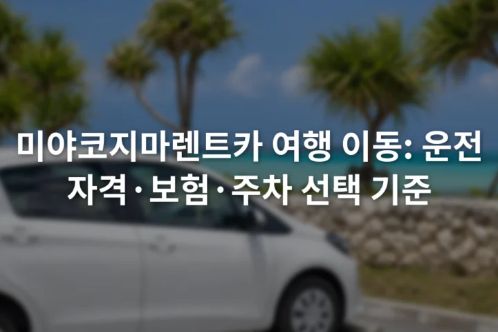 야자수가 보이는 주차장에 세워진 흰색 소형차와 일본어 도로 표지