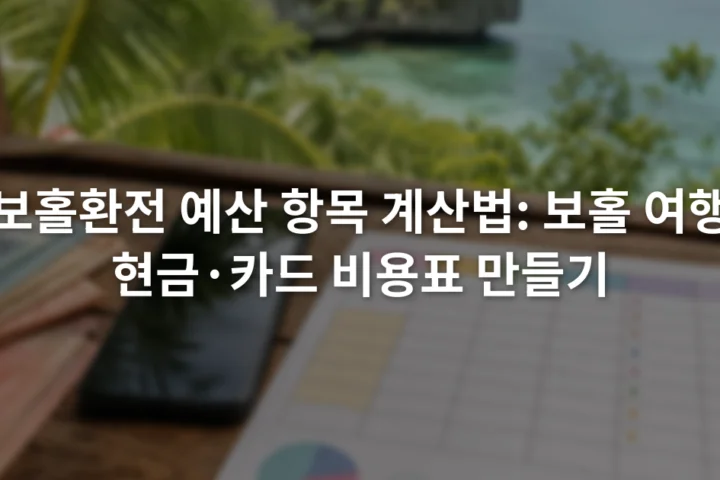휴대전화 계산기 옆에 원화와 페소 예산 항목을 적은 여행 경비표가 놓인 장면
