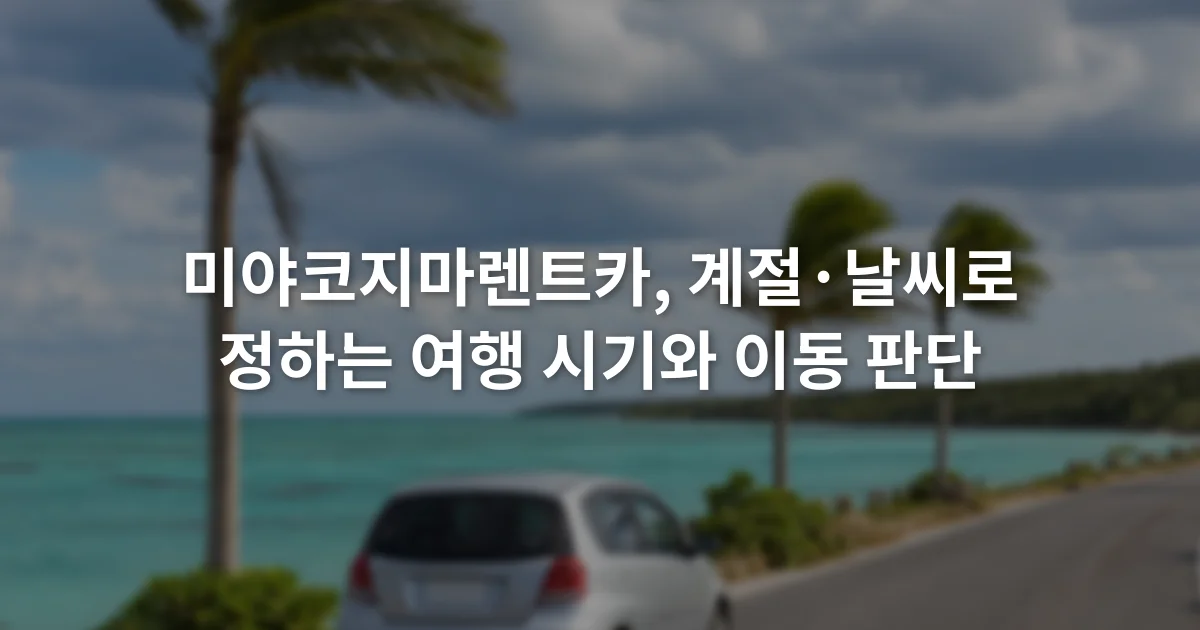 구름이 낀 미야코지마 해안도로를 달리는 소형 승용차와 바람에 흔들리는 야자수