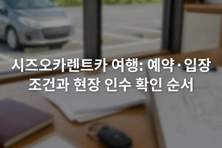 렌터카 영업소 카운터 위에 여권과 운전면허 서류 및 차량 확인표가 놓인 장면