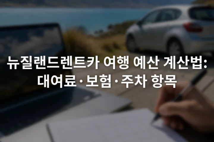 노트북의 렌터카 견적 화면 옆에서 대여료와 연료비, 주차비를 예산표에 적는 장면